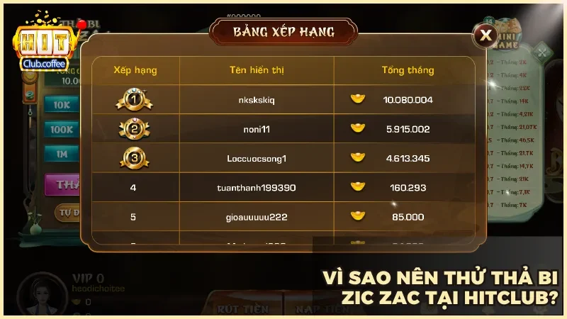 Thả bi Zic Zac tại HITCLUB trải nghiệm đơn giản mà cực kỳ lôi cuốn 4 Trò chơi đơn giản dễ chơi nhưng vẫn tạo được cảm giác hồi hộp cùng cơ hội thắng lớn